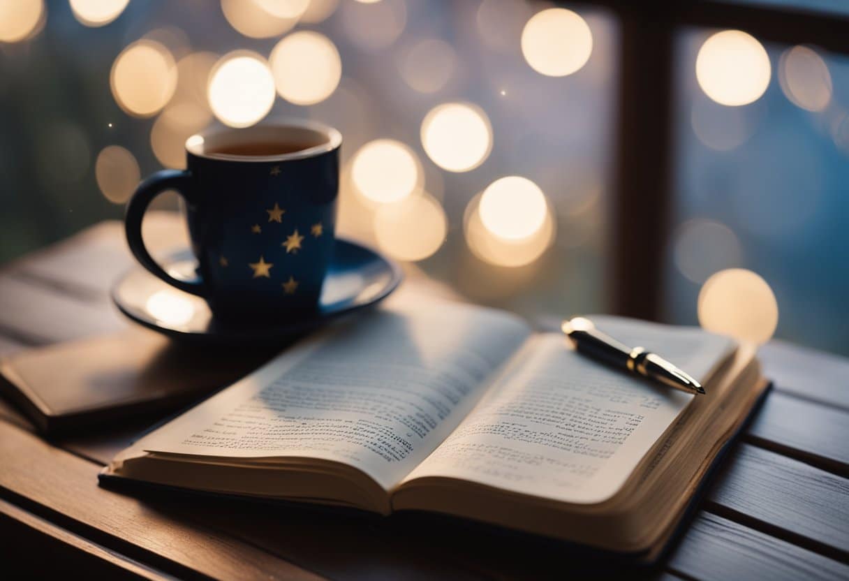 journal on wooden table next to a mug with lights shining through a window.