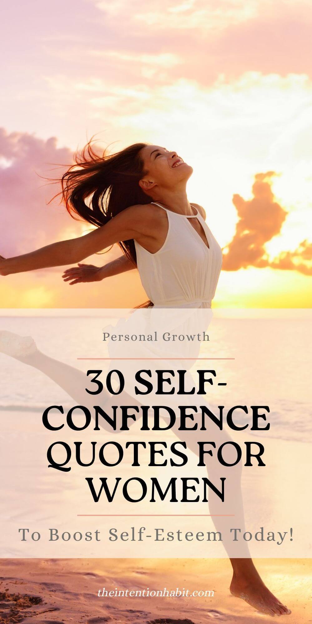 pinterest image of woman running on beach with text reading 30 self confidence quotes for women to boost your self esteem.
