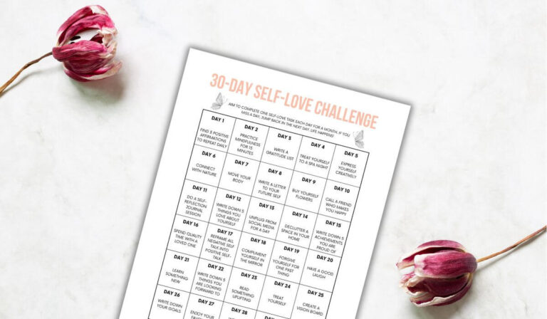 30-day self love challenge printable on a white background with two dark pink tulips.