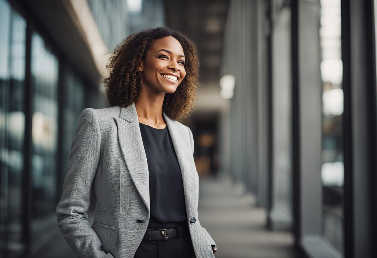 beautiful african american woman smiling while dressed in a grey business jacket and corporate wear.