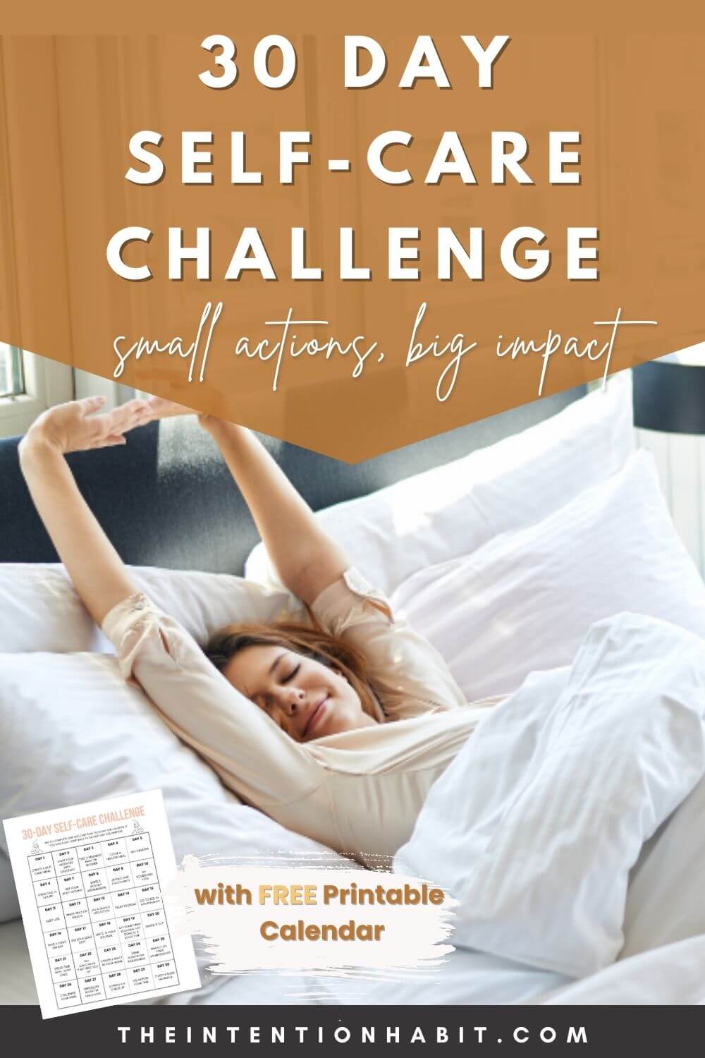 pinterest image - 30 day self care challenge with woman stretching in bed.