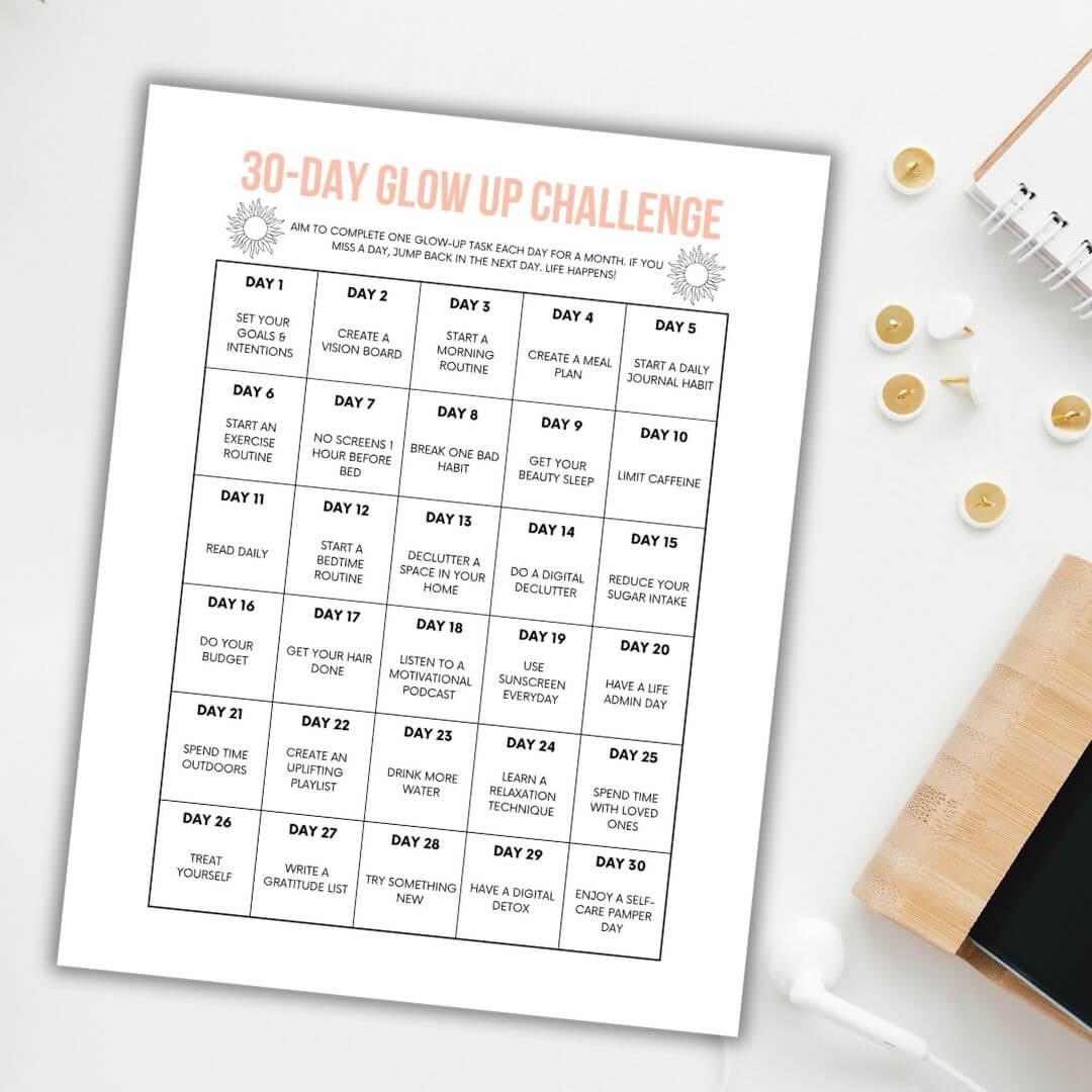 Printable 30 day glow up challenge.