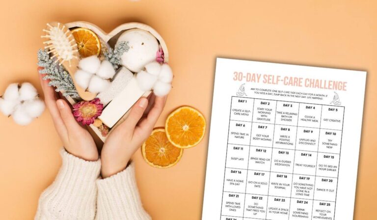 30-day self-care challenge printable on orange background with woman holding heart shaped box with pamper items.