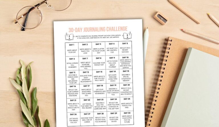 30 day journaling challenge printable on a desk with journals and reading glasses.