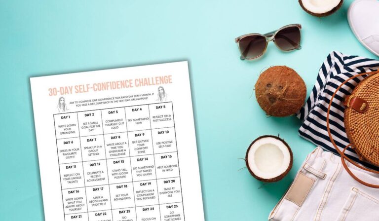 free printable 30-day self-confidence challenge in a flatlay with clothing, sunglasses and coconuts.