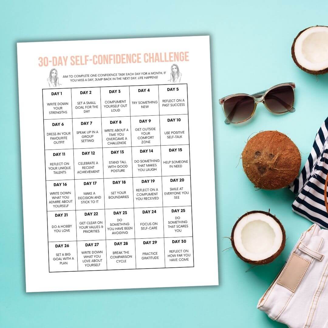 printable self confidence challenge on a teal background next to clothing, sunglasses and a coconut. 