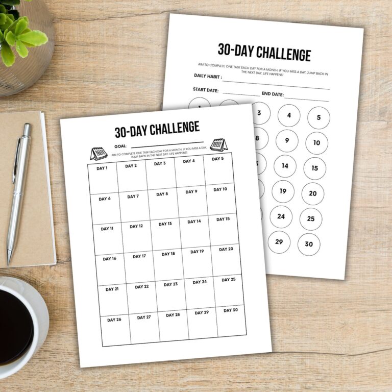 free printable 30 day challenge tracker.