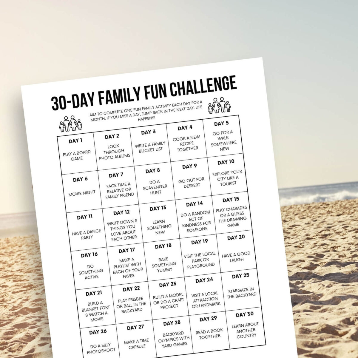 30 day family fun challenge printable.