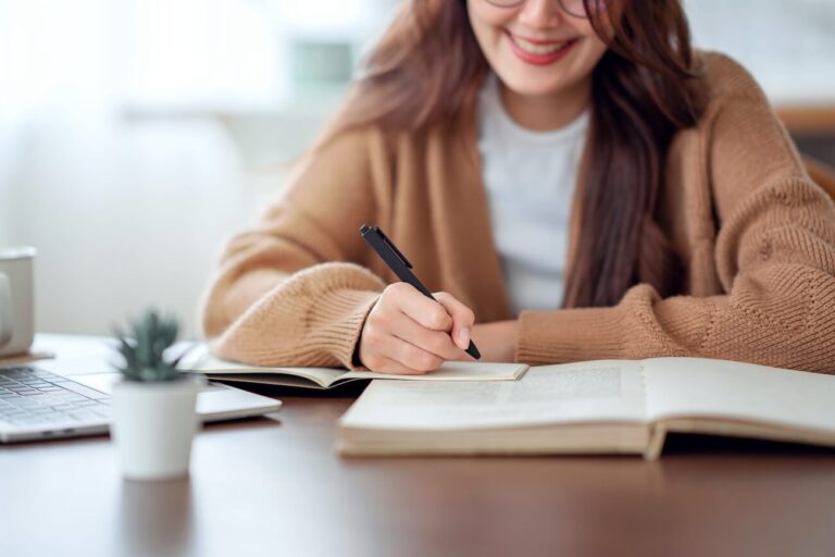 woman smiling as she sits at desk and writes in journal at the start of her day.
