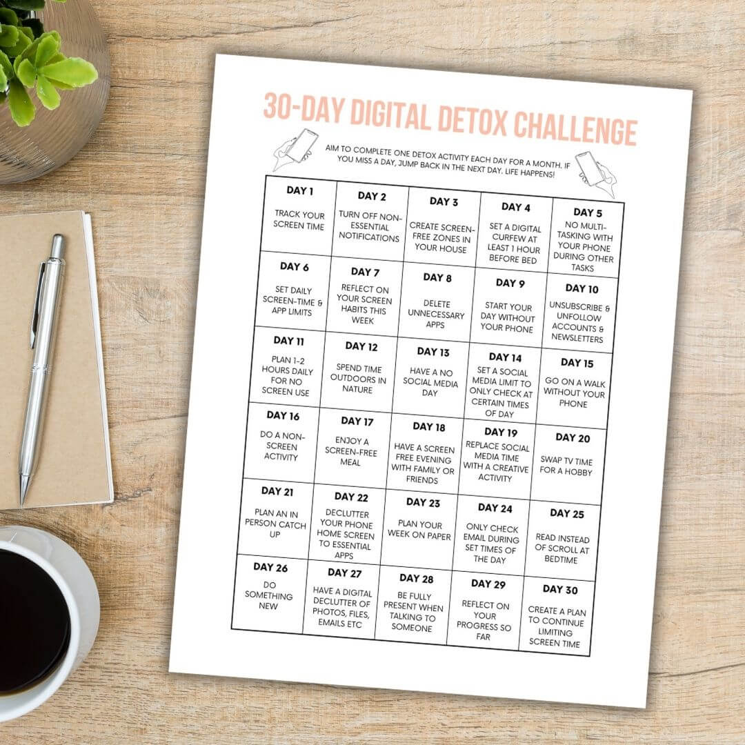 30 day digital detox challenge printable on desk.