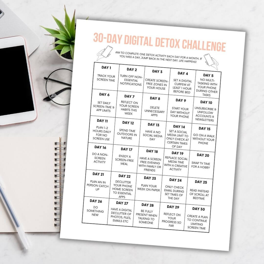 30 day digital detox challenge printable on desk.