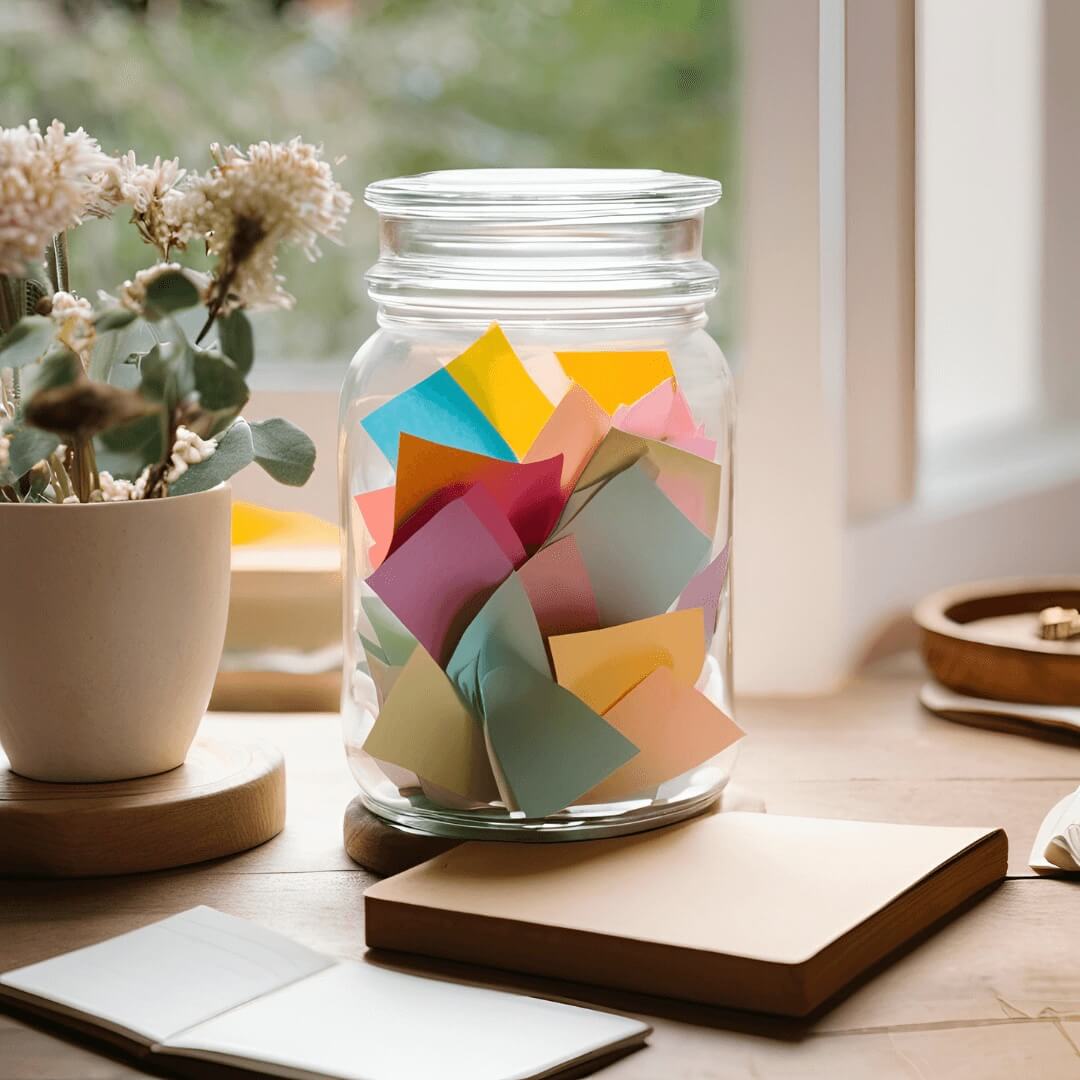 gratitude jar on table with coloured paper.